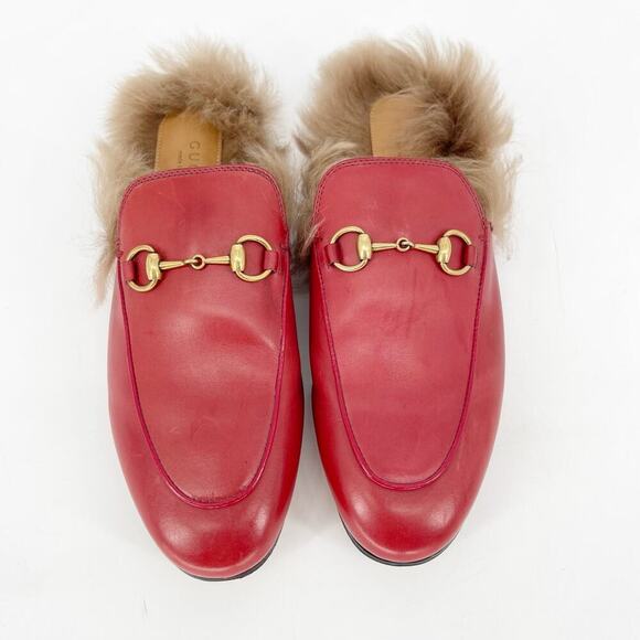 Gucci Red Leather Fur Lined Princetown Horsebit Mule Slipper Flat Loafer EU 37 - Picture 6 of 12